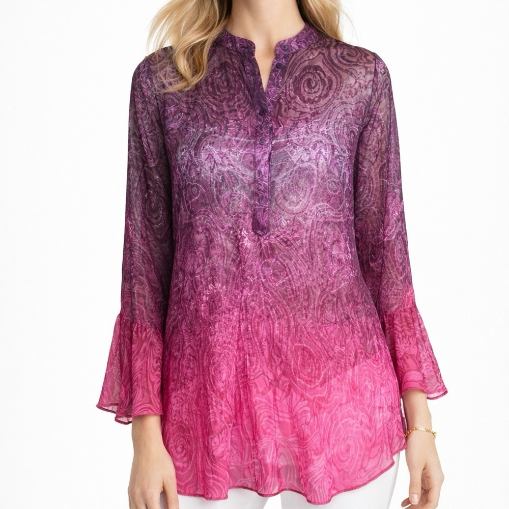Elie Tahari Silk Blend Ombre
Blouse Pink Purple Paisley
Sheer Tunic Top